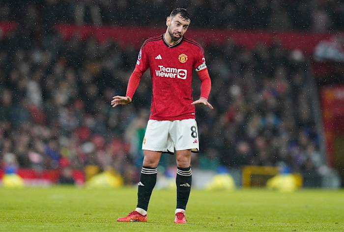 Manchester United captain Bruno Fernandes pictured during his side's 3-0 home loss to Bournemouth in December 2023